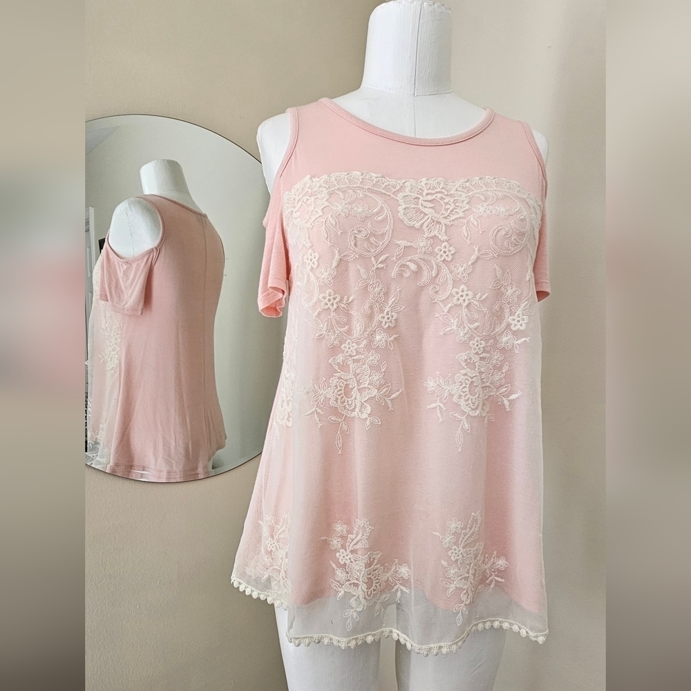 IZ Byer Light Pink Top with Lace Overlay